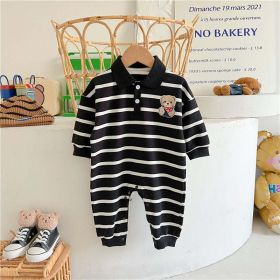 Baby Cartoon Bear Print & Striped Pattern Polo Neck Long Sleeve Romper