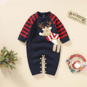Baby Cartoon Elk Graphic Side Striped Sleeve Knitted Romper