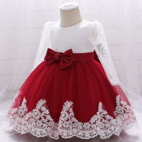 Baby Girl Bow Patched Design Long Sleeves Full Moon Christening Mesh Formal Dress