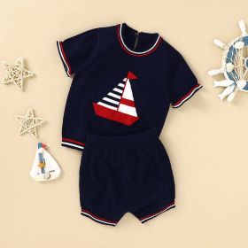 Baby Boy Embroidered Graphic Striped Neck & Sleeve Design Tee Combo Shorts Sailor Style Sets