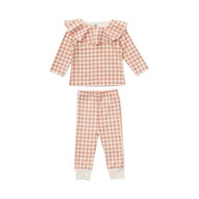 Baby Cartoon & Plaid Pattern Ruffle Neck Design Long Sleeve Sets