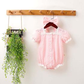 Baby Girl Plaid Pattern Lace Patchwork Design Bubble Short-Sleeved Onesies With Buttons