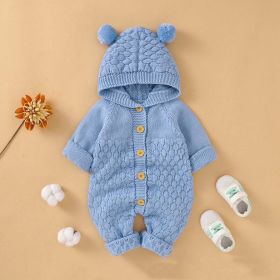 Baby 1pcs Cable Knitted Graphic Button Front Design Rompers With Hairball Patched Hat