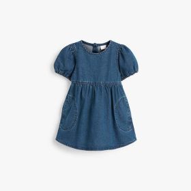 Baby Girl Solid Color Puff Sleeve Loose Denim Dress