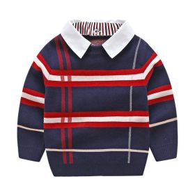 Baby Boy Striped Pattern False 1 Pieces Sweater With Detachable Shirt Neck