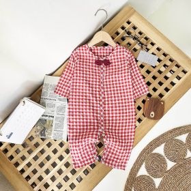 Baby Boy Plaid Pattern Bow Patched Design Cotton Jumpsuit