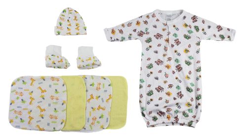 Gown, Cap Booties and Washcloths - 7 pc Set (Color: White/Pink, size: Newborn)