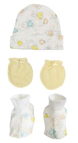 Baby Boy, Baby Girl, Unisex Infant Caps, Booties, Mittens - 3 pc Set (Color: White/Yellow, size: Newborn)