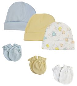 Boys Baby Caps and Mittens (Pack of 6) (Color: White/Blue, size: Newborn)