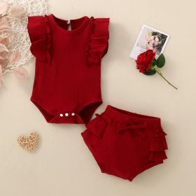 White Flounced Sleeve Shorts Suit (Option: Red-90cm)