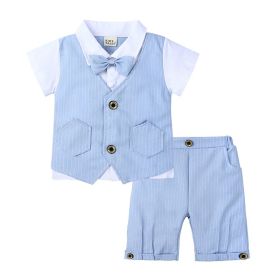 Children's Gentleman British Summer Suit Boys' Fake Two-piece Vest Knitted Shirt Bow Tie (Option: Light Blue-80)