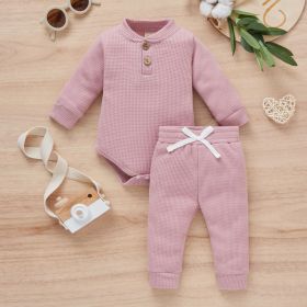 Cotton Waffle Stand Collar Romper Trousers Two-piece Set (Option: Pink-80cm)