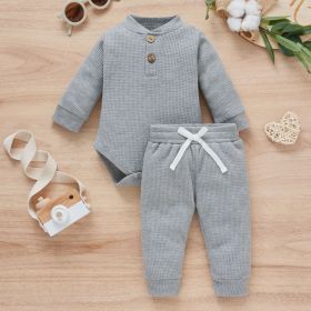 Cotton Waffle Stand Collar Romper Trousers Two-piece Set (Option: Gray-80cm)