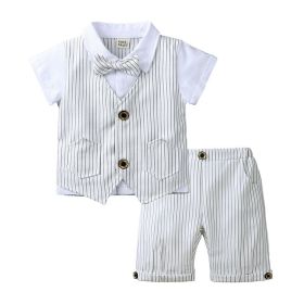 Children's Gentleman British Summer Suit Boys' Fake Two-piece Vest Knitted Shirt Bow Tie (Option: Beige-80)