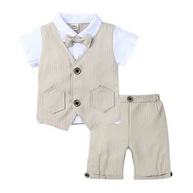 Children's Gentleman British Summer Suit Boys' Fake Two-piece Vest Knitted Shirt Bow Tie (Option: Apricot-80)