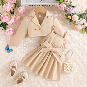 Suit Jacket Solid Color Suspender Skirt Two-piece Suit For Children (Option: Khaki-3 4Y)