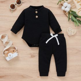 Cotton Waffle Stand Collar Romper Trousers Two-piece Set (Option: Black-90cm)