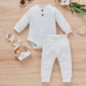 Cotton Waffle Stand Collar Romper Trousers Two-piece Set (Option: White-90cm)