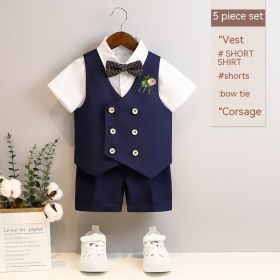 Boys Spring And Summer Short Sleeve Vest Suit (Option: Navy Blue 5 Pieces-150cm)