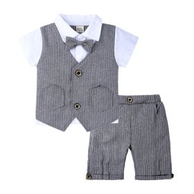 Children's Gentleman British Summer Suit Boys' Fake Two-piece Vest Knitted Shirt Bow Tie (Option: Gray-100)