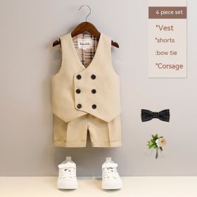 Boys Spring And Summer Short Sleeve Vest Suit (Option: Khaki 4 Pieces-110cm)