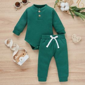 Cotton Waffle Stand Collar Romper Trousers Two-piece Set (Option: Dark Green-100cm)
