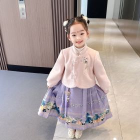 Girls' Horse-face Skirt Hanfu Two-piece Suit (Option: Pink Purple Two Piece Set-140cm)