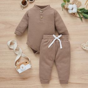 Cotton Waffle Stand Collar Romper Trousers Two-piece Set (Option: Brown-100cm)