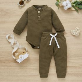 Cotton Waffle Stand Collar Romper Trousers Two-piece Set (Option: Grass Green-100cm)