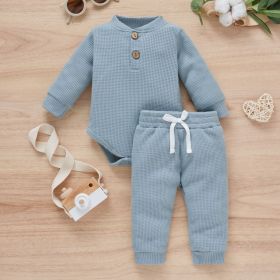 Cotton Waffle Stand Collar Romper Trousers Two-piece Set (Option: Light Blue-70cm)