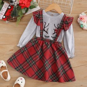 Long Sleeve Letter Print Pullover Check Overall Dress (Option: White-130cm)