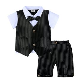 Children's Gentleman British Summer Suit Boys' Fake Two-piece Vest Knitted Shirt Bow Tie (Option: Black-110)