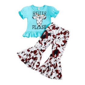 Animal Letter Printing Leopard Print Bell-bottom Pants Two-piece Set (Option: Light Blue-100cm)